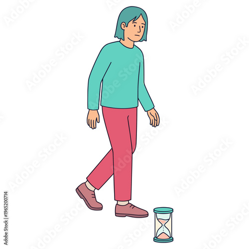 A woman walks next to an hourglass in a casual setting.