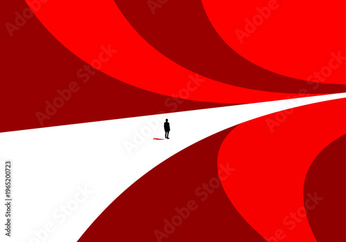 A solitary businessman stands on a white path surrounded by abstract waves of vibrant red color