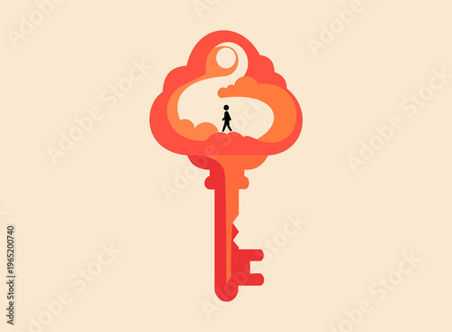 A surreal illustration of a person walking inside a key shape filled with clouds and a sun icon
