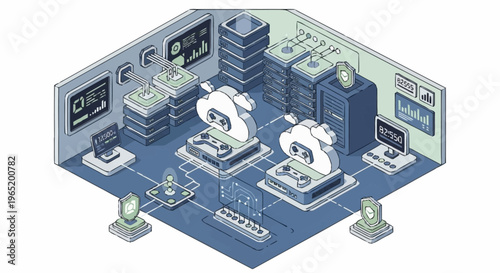 Isometric illustration of a server room with cloud computing technology.