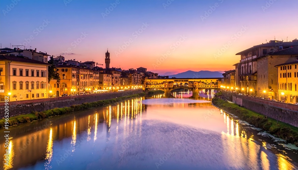 Fototapeta premium A serene cityscape river at sunset with warm reflections
