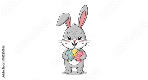 Cartoon Gray Bunny Illustration Holding Colorful Easter Eggs with Swirl Patterns, Festive Spring Celebration Background, Centered Viewpoint, Illustration Style, Cheerful Atmosphere