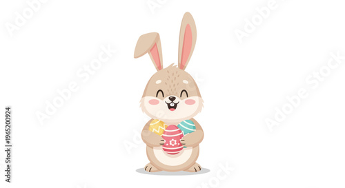 Delightful cartoon rabbit with long ears joyfully clutching beautifully decorated Easter eggs, embodying the spirit of spring holidays and festive cheer