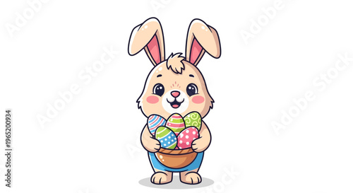 Cheerful Easter Bunny Illustration with Smiling Face and Blue Pants Holding Basket of Colorful Wrapped Eggs in Festive Celebration