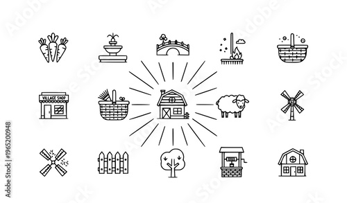 Village outline icon set with countryside farm elements tools animals and rural lifestyle symbols