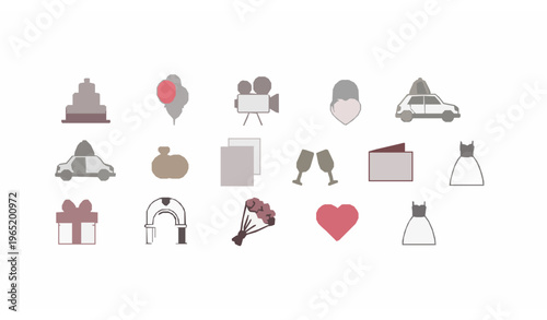 Modern wedding line icon collection with cake rings car and romantic celebration elements
