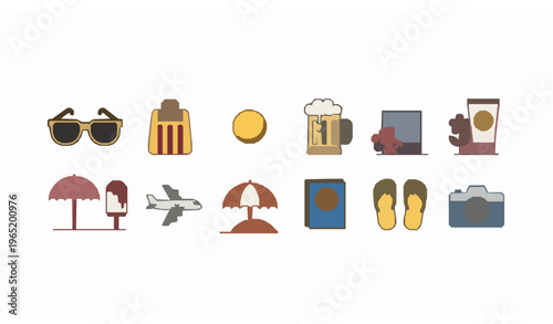 Modern summer travel line icon collection with vacation beach and tourism elements