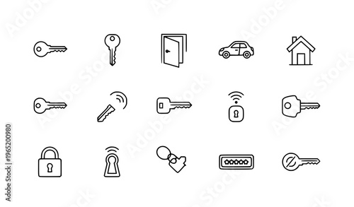 Modern keys linear icon pack with door key lock keyhole and security access elements for UI design