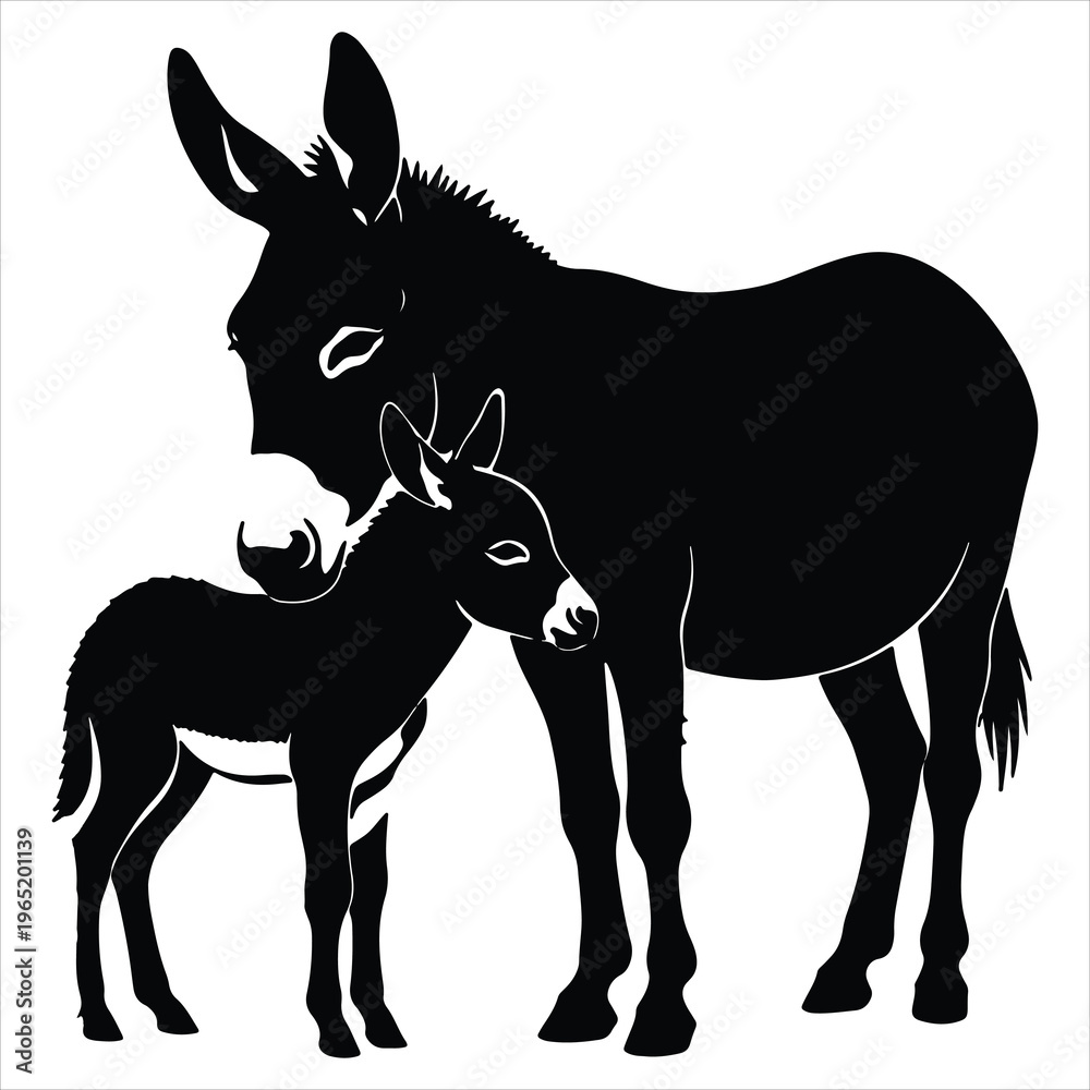 Fototapeta premium silhouette of a donkey with its baby