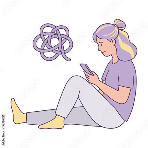 Woman sits on floor with phone and looks at confused purple lines floating above.