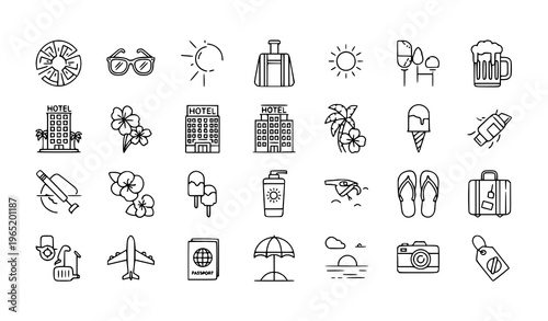 Linear summer travel icon pack with sunglasses suitcase sun hotel and vacation elements for UI design