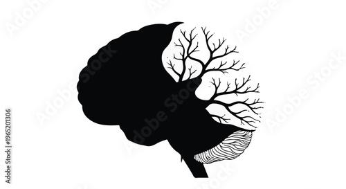 Silhouette graphic shows human brain merging with tree branches symbolizing thought.
