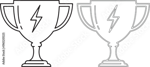 Black and white trophy icons with lightning bolt on plain background
