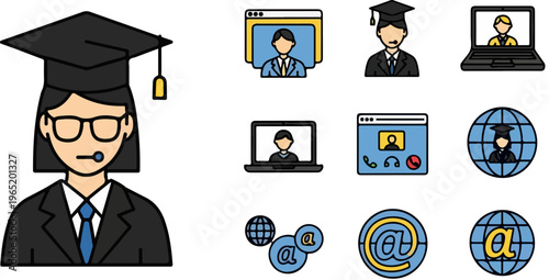 Online education and graduation icon set, 10 vector elements for distance learning, digital classroom and e-learning web design symbols