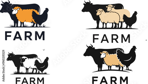 Minimalist farm animal logo set with cow, sheep, and chicken silhouettes. Modern livestock branding collection for organic agriculture and butchery businesses.