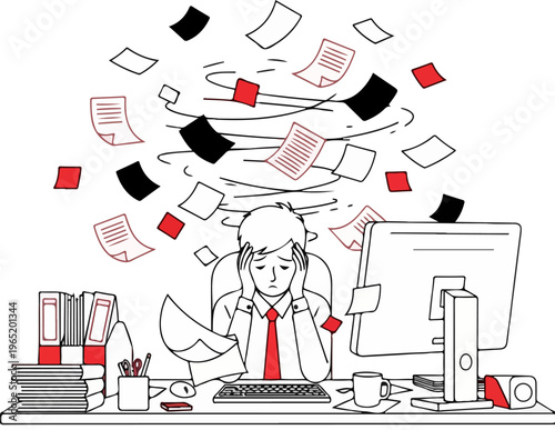 Stressed office worker overwhelmed by paperwork storm, frustrated businessman at desk with flying documents, burnout and workload concept vector