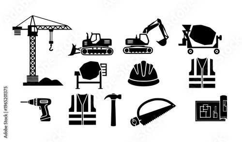 Construction Pictogram Icons Black Building and Industrial Vector Set