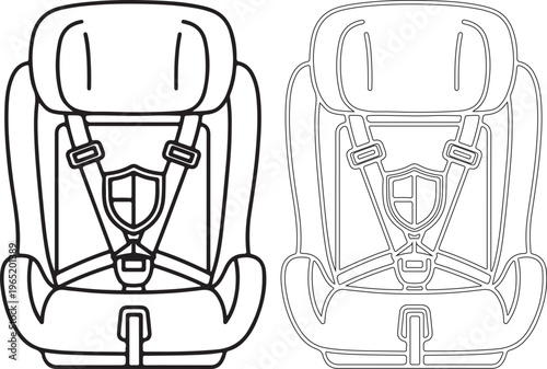 Car seat line drawings with and without safety harness details