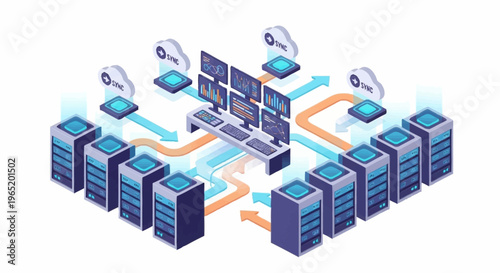 Isometric illustration of network servers and computers connected in a data center.