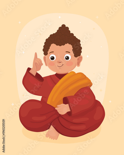 Cute character, smiling little boy Buddhist monk in red clothes, Buddha points his finger up. Happy Vesak day.