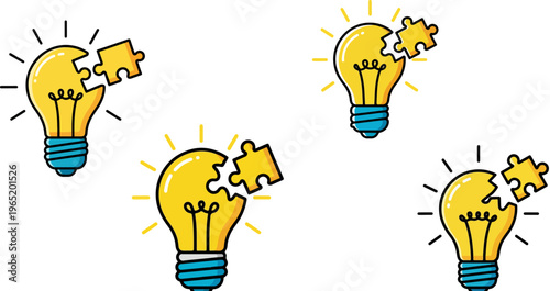 Creative light bulb puzzle icons set, glowing yellow lamp with missing jigsaw piece, innovative solution and problem solving concept vector