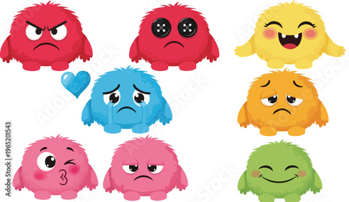 Cute furry monster emoji set, colorful cartoon creature character collection with different emotions, 8 fuzzy mascot vector icons for kids