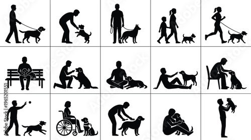 Vector silhouettes of people with dogs featuring walking pets, training sessions, service animal assistance for wheelchair users, grooming, playing fetch, and affectionate puppy bonding