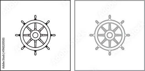 Two ships wheels in black and white line art