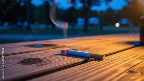 Slow motion tracking close up of cigarette smoldering and emitting smoke on wooden picnic table in park at dusk