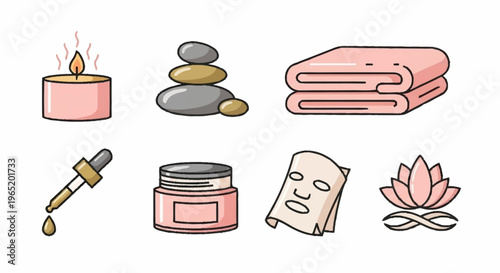 Spa and wellness icons with towels and plants.