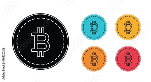 This collection of vibrant and modern Bitcoin cryptocurrency icons clearly illustrates the concept of digital currency, online transactions, and financial technology with distinct, colorful variations