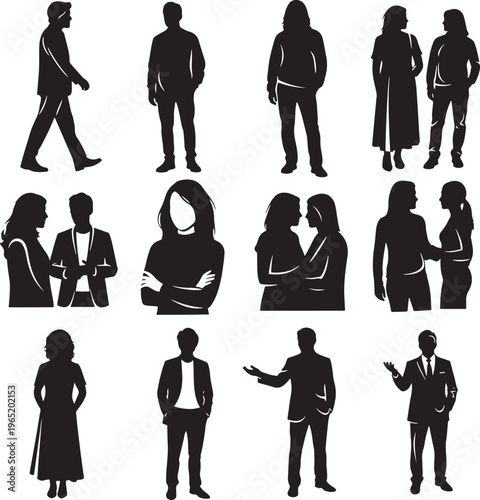 Flat Design Business Team Silhouettes in Various Professional Poses Vector Set
