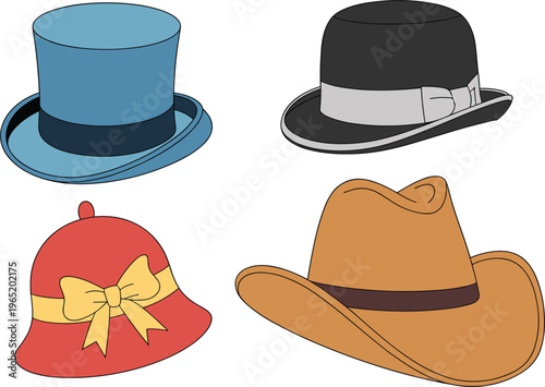 Hat icons set, top hat bowler cowboy and cloche fashion accessories vector illustration design