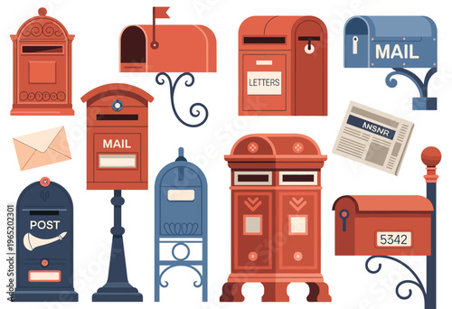 Traditional English letterboxes set, flat and editable vector illustrations of classic red English post boxes for postal, architectural, and cultural heritage graphic use.