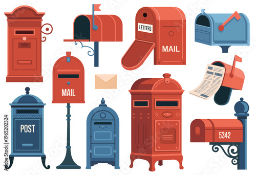 Traditional English letterboxes set, vector illustrations of classic red post boxes and wall-mounted mailboxes, flat design for postal, vintage, and heritage-themed projects.
