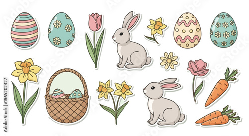 Festive collection of charming spring Easter illustrations, featuring adorable bunnies, beautifully decorated eggs, and vibrant blooming flowers for holiday designs