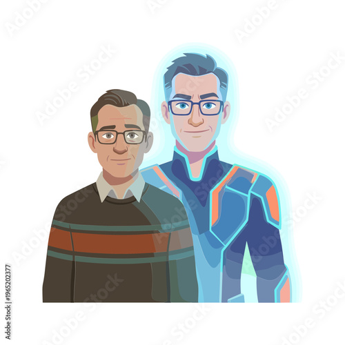 Two men standing side by side in futuristic and casual outfits