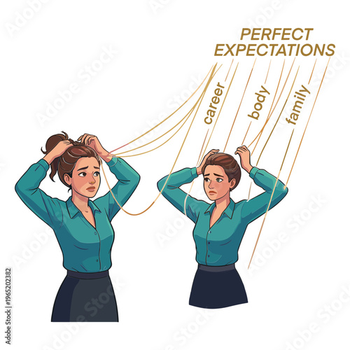 A stressed woman struggles with perfect expectations in her career, body, and family.