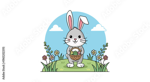 Cheerful Easter Bunny with Wicker Egg Basket on Grassy Hill in Festive Blue Sky, Cartoon Illustration