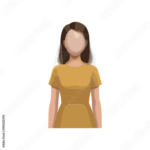 An illustration depicts a woman wearing a yellow dress standing alone.