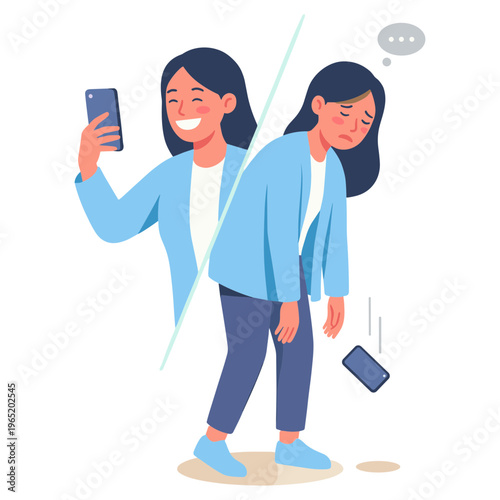A worried woman stands divided, taking a selfie on one side and looking down at her broken phone on the other, showing two contrasting emotions and actions.