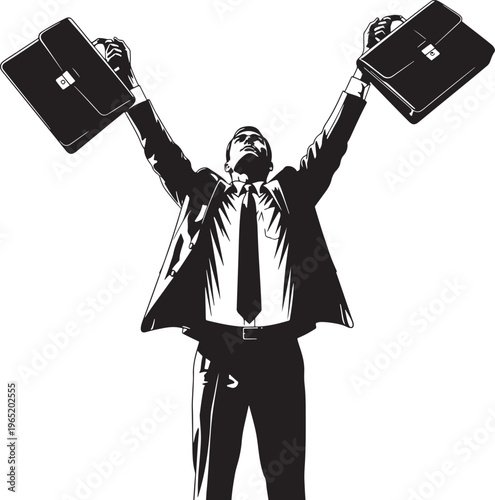 Victorious Businessman with Briefcases in Hands