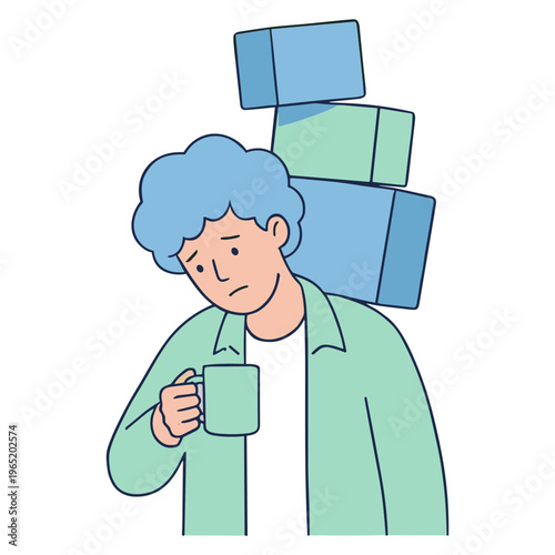 Overwhelmed person holding coffee with boxes stacked on their shoulder indoors