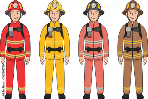 Firefighter uniform characters set, emergency service workers in protective gear different colors vector illustration design