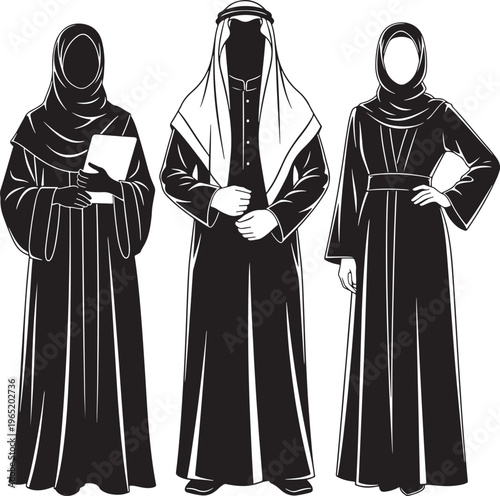 Diverse Arab Figures in Traditional Islamic Clothing