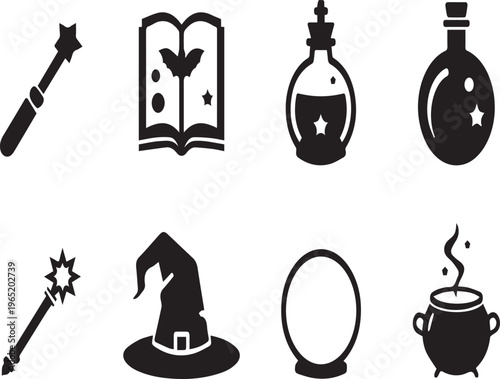 Black silhouette icons of magic items on transparent background for design projects