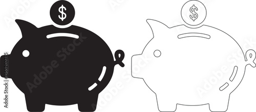 Black and white piggy banks with dollar coins on top