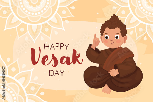 Happy Vesak day, card for buddhist holiday. Cute character, smiling little boy Buddhist monk in brown clothes, Buddha points his finger up. 