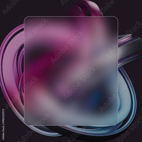Abstract glossy 3d shapes with translucent blurred square frame in pink purple and blue tones modern background template with copy space for creative branding presentation and social media design