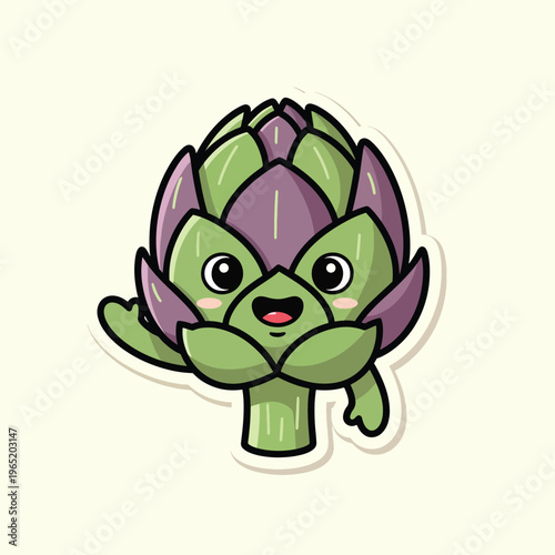 A cartoon-style artichoke character with a friendly face, green leaves, and purple interior, waving on a neutral backdrop